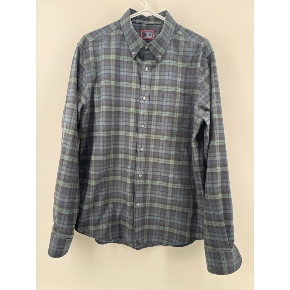 Untuckit Long Sleeve Button Down Green Blackwatch Plaid Shirt Spandex Vittorio